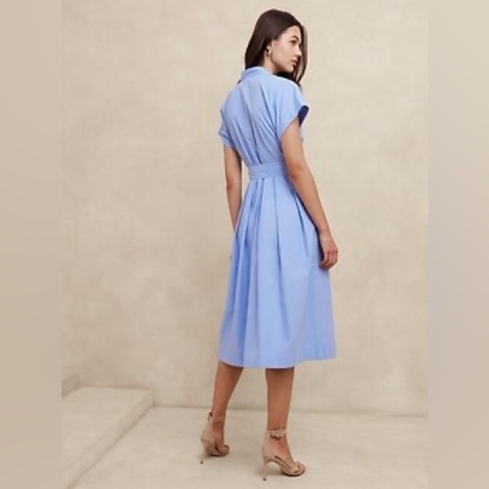 Banana Republic Poplin Short Sleeve Tie Waist Shirt Blue Work Midi Dress - Picture 3 of 9